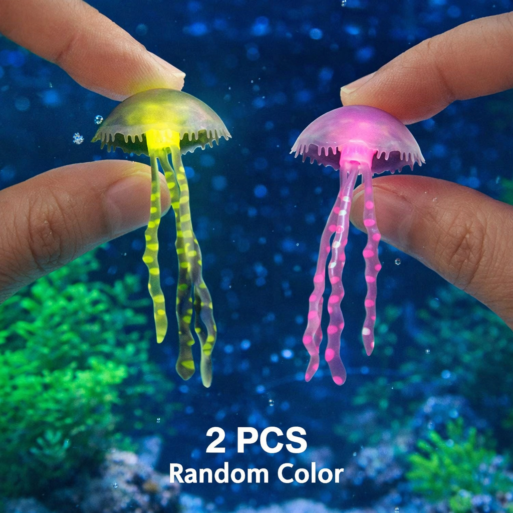 Aquarium Plants Live - แมงกะพรุนจำลองเรืองแสง 2 ชิ้น สีสุ่ม ของตกแต่งตู้ปลาลอยน้ำ ตกแต่งภูมิทัศน์ใต้น้ำ