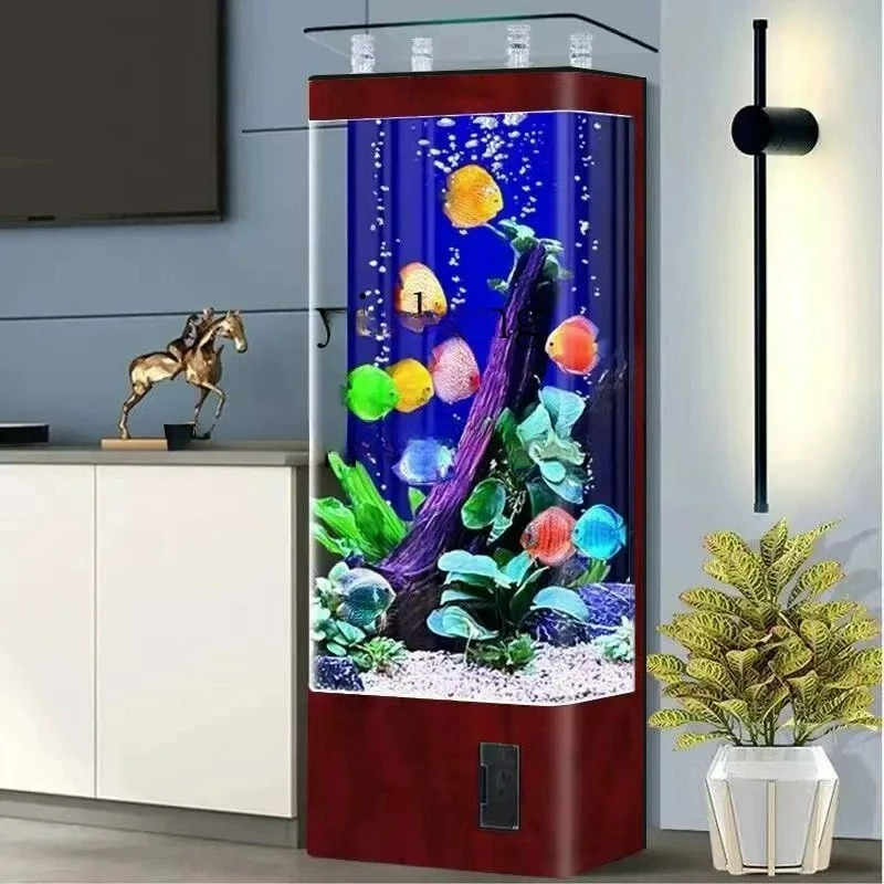 Aquarium Plant Substrate - ตู้ปลาทองแบบติดผนังโค้งสูงจากพื้นถึงเพดานสำหรับห้องนั่งเล่นหรือสำนักงาน พร้อมระบบกรองด้านหลัง